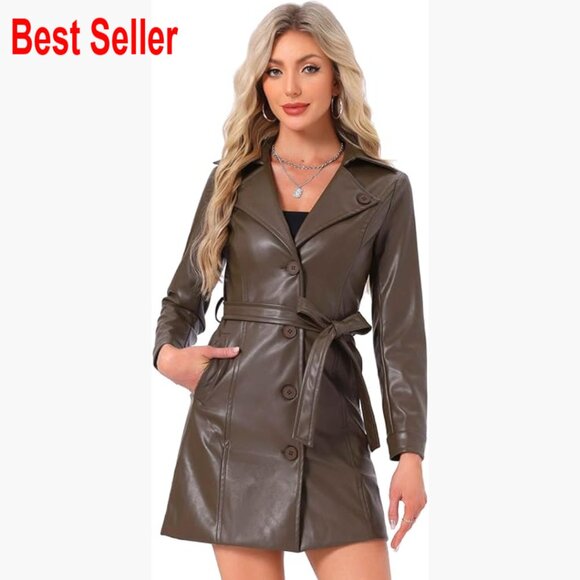 Faux Leather Trench Coat with Notched Lapel Collar and Belt